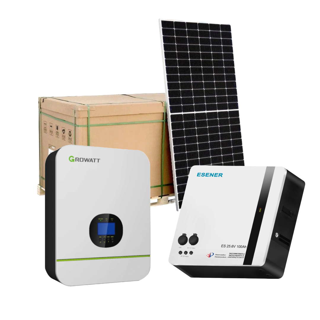 3kva 24V Growatt with 2.56kw Esener Lithium battery & 3 x 460w Solar Panels incl. Mounting kit 3kva 24V Growatt with 2.56kw Esener Lithium battery & 3 x 460w Solar Panels incl. Mounting kit